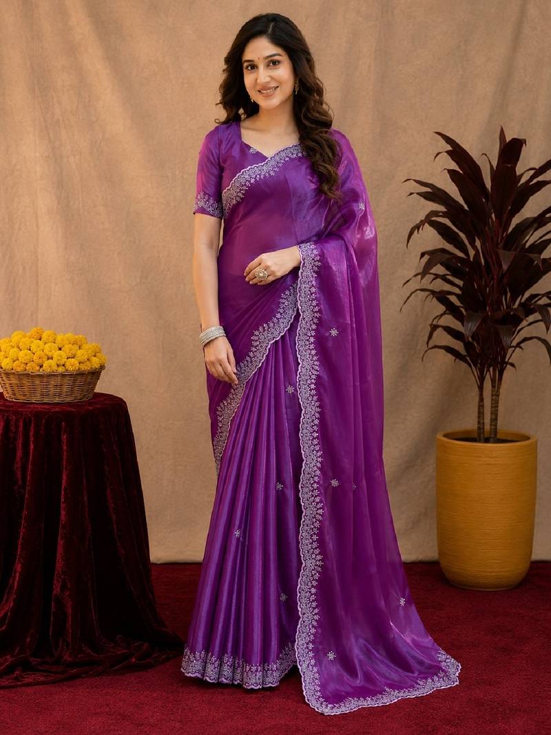 Purple soft shimmer chiffon embroidery work saree with unstitched blouse piece