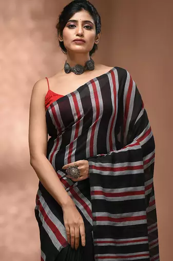 Black cotton soft saree with stripe pattern