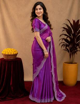 Purple soft shimmer chiffon embroidery work saree with unstitched blouse piece 2