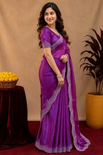 Purple soft shimmer chiffon embroidery work saree with unstitched blouse piece