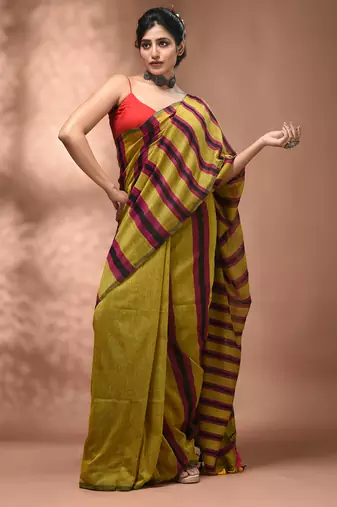 Corn yellow cotton soft saree with stripe pattern