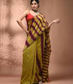Corn yellow cotton soft saree with stripe pattern