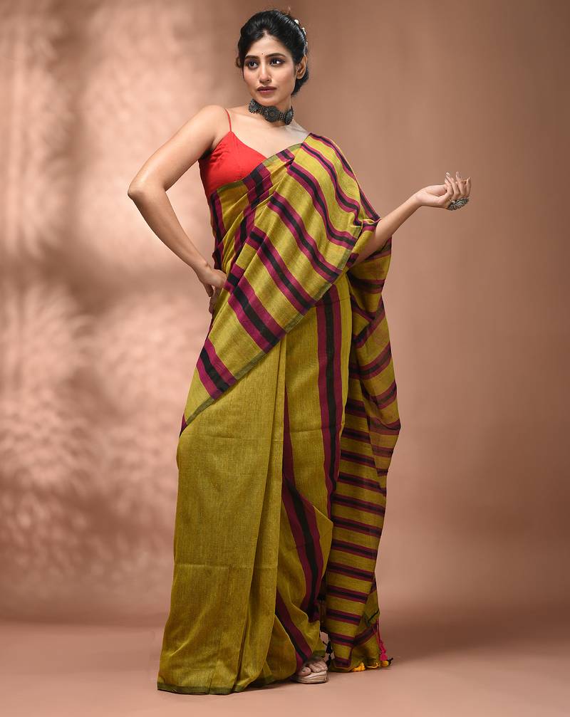 Corn yellow cotton soft saree with stripe pattern