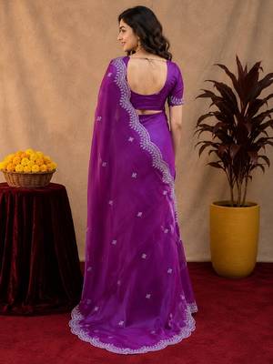 Purple soft shimmer chiffon embroidery work saree with unstitched blouse piece 3