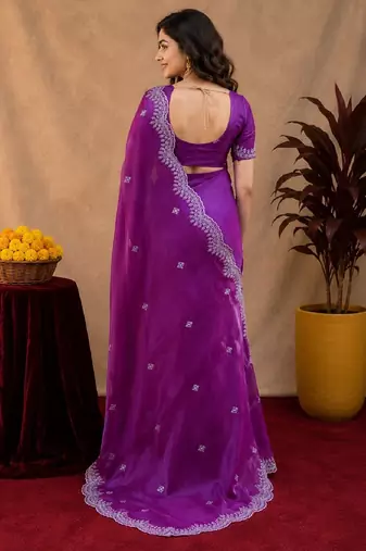 Purple soft shimmer chiffon embroidery work saree with unstitched blouse piece