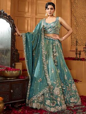 Women's Green Embroidered Georgette Lehenga Choli with Matching Dupatta 1