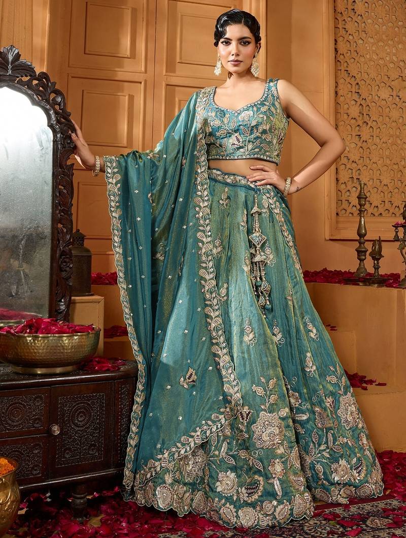 Women's Green Embroidered Georgette Lehenga Choli with Matching Dupatta