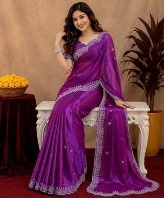 Purple soft shimmer chiffon embroidery work saree with unstitched blouse piece 4