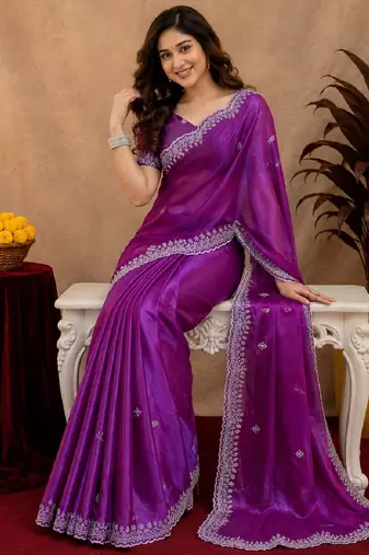 Purple soft shimmer chiffon embroidery work saree with unstitched blouse piece