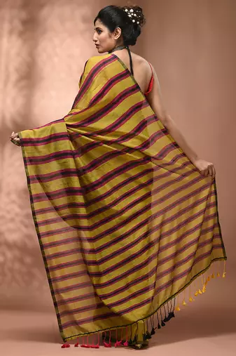 Corn yellow cotton soft saree with stripe pattern