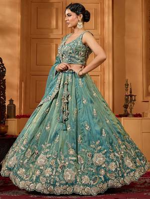 Women's Green Embroidered Georgette Lehenga Choli with Matching Dupatta 2
