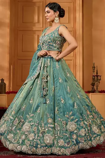 Women's Green Embroidered Georgette Lehenga Choli with Matching Dupatta