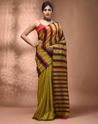 Corn yellow cotton soft saree with stripe pattern 3