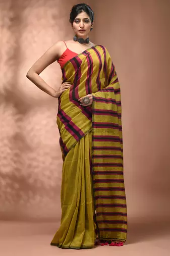 Corn yellow cotton soft saree with stripe pattern