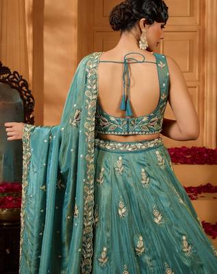 Women's Green Embroidered Georgette Lehenga Choli with Matching Dupatta 3