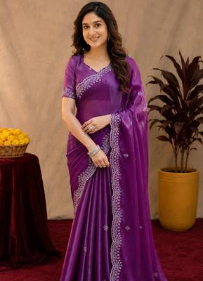 Purple soft shimmer chiffon embroidery work saree with unstitched blouse piece 5