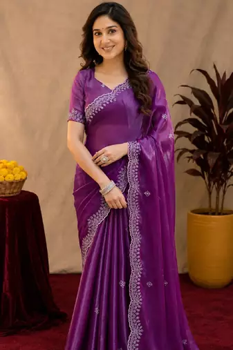 Purple soft shimmer chiffon embroidery work saree with unstitched blouse piece