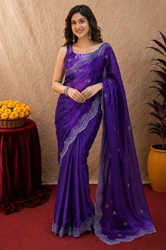 Plum soft shimmer chiffon embroidery work saree with unstitched blouse piece