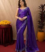 Plum soft shimmer chiffon embroidery work saree with unstitched blouse piece
