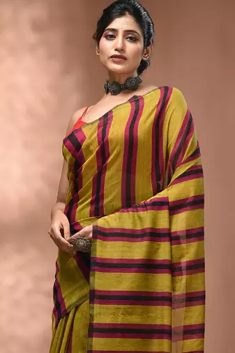 Corn yellow cotton soft saree with stripe pattern