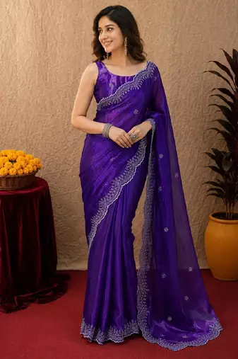 Plum soft shimmer chiffon embroidery work saree with unstitched blouse piece
