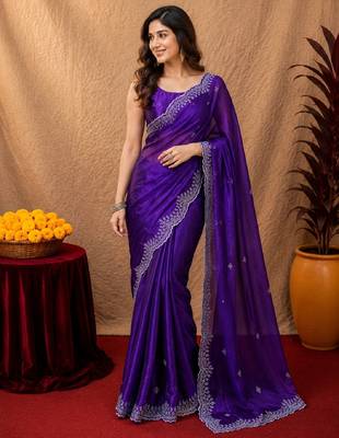 Plum soft shimmer chiffon embroidery work saree with unstitched blouse piece 3