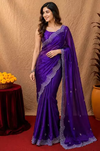 Plum soft shimmer chiffon embroidery work saree with unstitched blouse piece