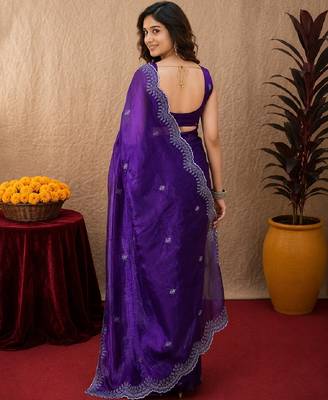 Plum soft shimmer chiffon embroidery work saree with unstitched blouse piece 4