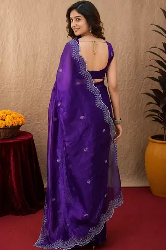 Plum soft shimmer chiffon embroidery work saree with unstitched blouse piece