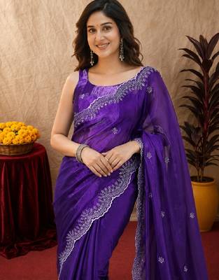 Plum soft shimmer chiffon embroidery work saree with unstitched blouse piece 5