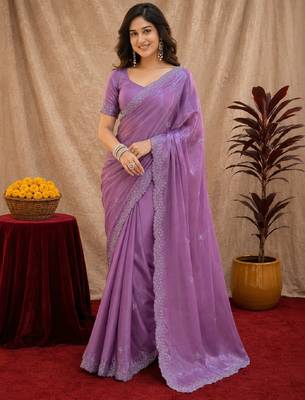 Lavender soft shimmer chiffon embroidery work saree with unstitched blouse piece 1
