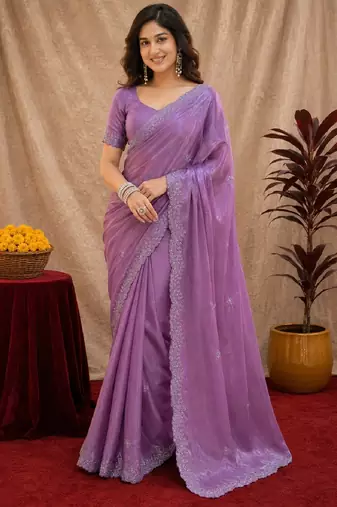 Lavender soft shimmer chiffon embroidery work saree with unstitched blouse piece