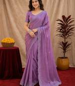 Lavender soft shimmer chiffon embroidery work saree with unstitched blouse piece