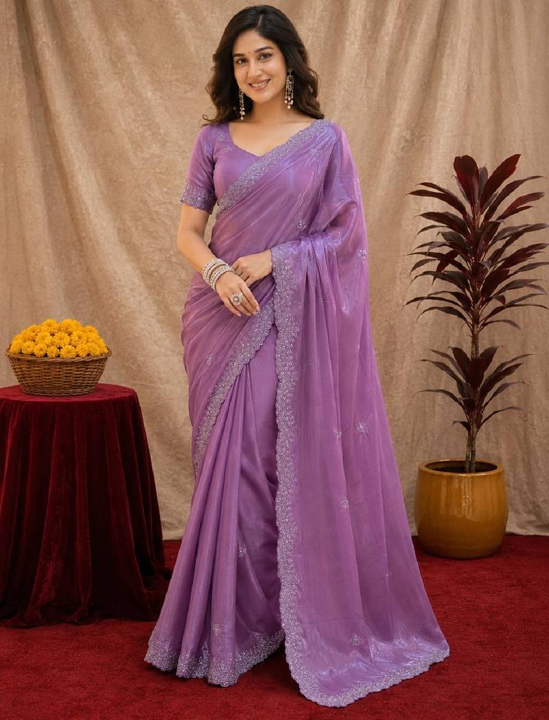 Lavender soft shimmer chiffon embroidery work saree with unstitched blouse piece
