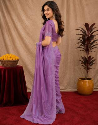Lavender soft shimmer chiffon embroidery work saree with unstitched blouse piece 2
