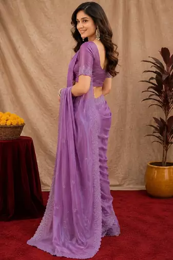 Lavender soft shimmer chiffon embroidery work saree with unstitched blouse piece