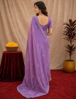 Lavender soft shimmer chiffon embroidery work saree with unstitched blouse piece 3