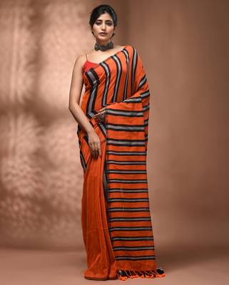 Orange cotton soft saree with stripe pattern 1