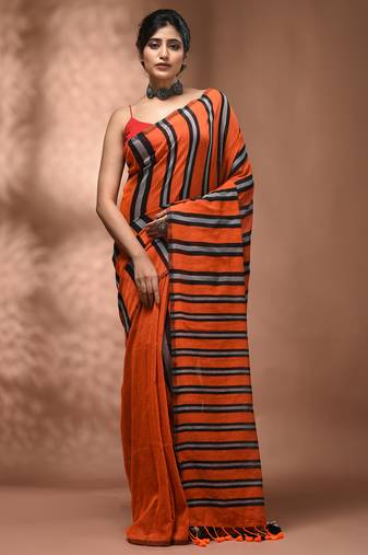 Orange cotton soft saree with stripe pattern
