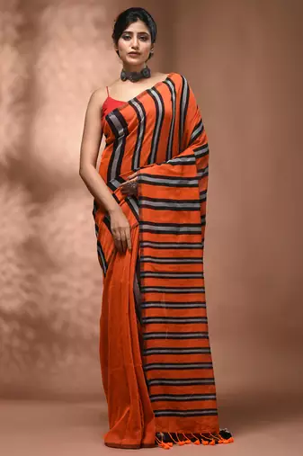 Orange cotton soft saree with stripe pattern