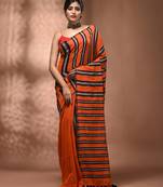 Orange cotton soft saree with stripe pattern