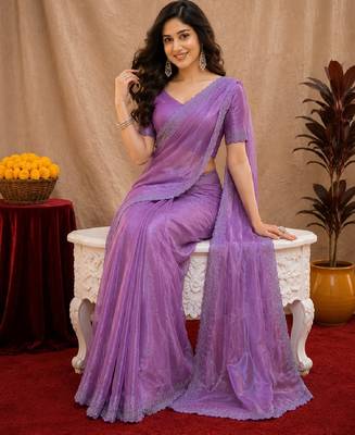 Lavender soft shimmer chiffon embroidery work saree with unstitched blouse piece 4
