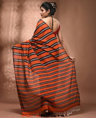 Orange cotton soft saree with stripe pattern 2