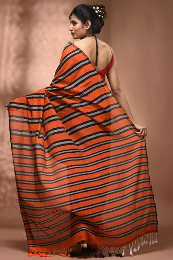 Orange cotton soft saree with stripe pattern