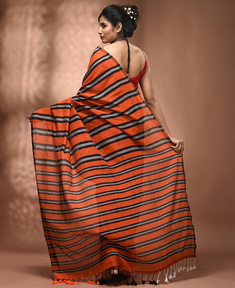 Orange cotton soft saree with stripe pattern