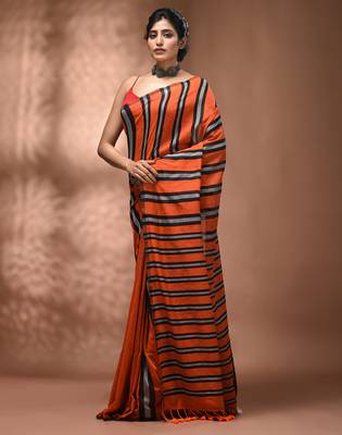 Orange cotton soft saree with stripe pattern 3