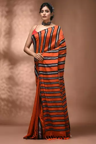 Orange cotton soft saree with stripe pattern