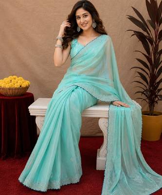 Sky blue soft shimmer chiffon embroidery work saree with unstitched blouse piece 1