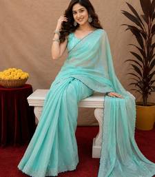 Sky blue soft shimmer chiffon embroidery work saree with unstitched blouse piece