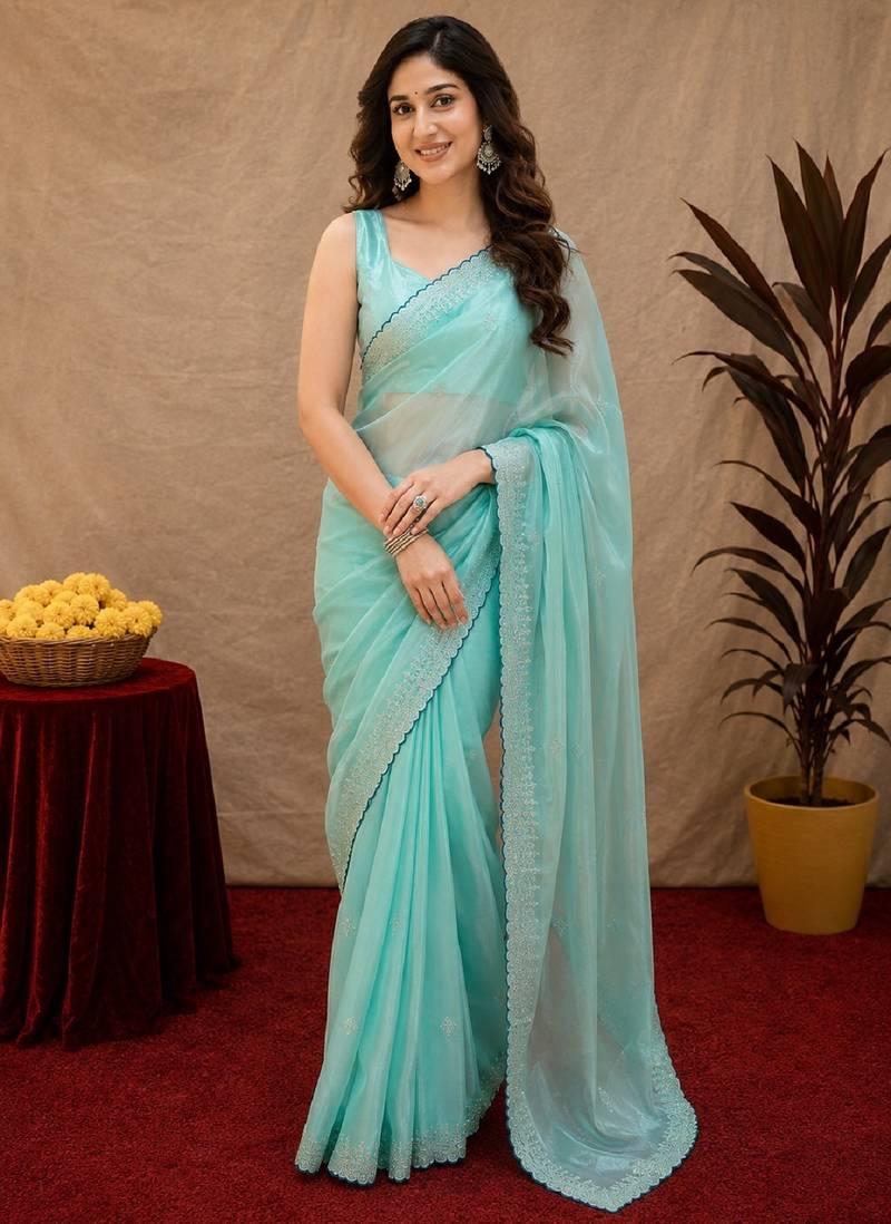 Sky blue soft shimmer chiffon embroidery work saree with unstitched blouse piece
